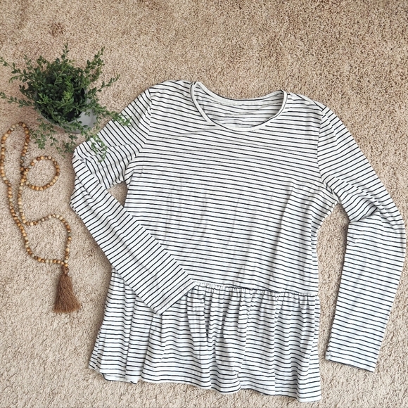 Amazon Tops - Long Sleeves Black and White Striped Peplum Shirt